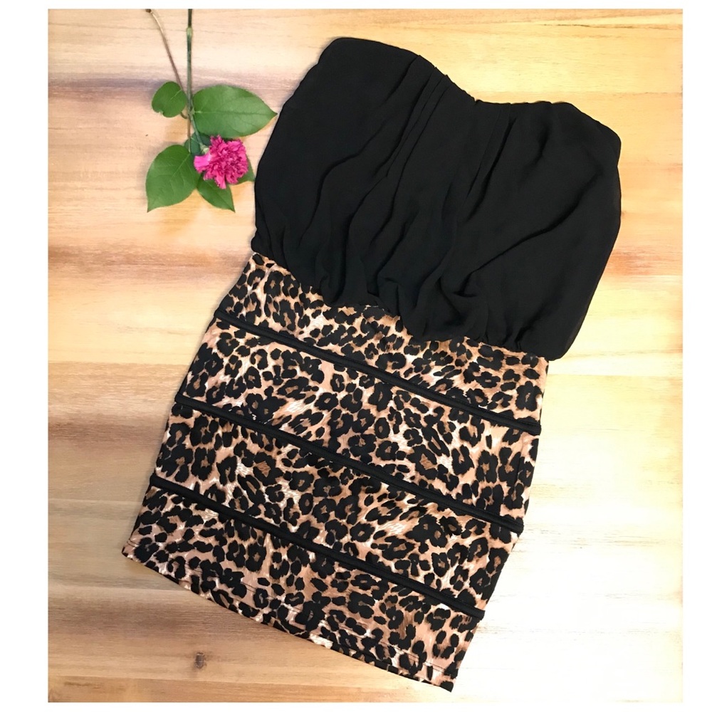 Strapless black/leopard print mini dress Sz Sm